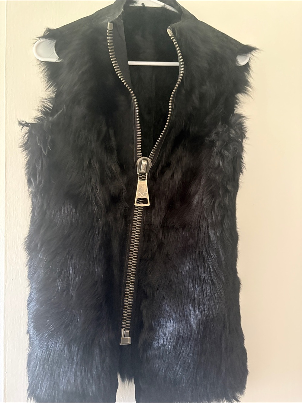 Monika Chiang Black Faux Fur Zip-Up Vest with Statement Silver Zip